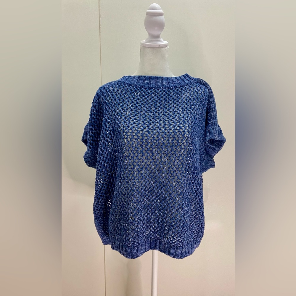 Lafayette 148 New York Blue Knit Cotton Short Sleeve Sweater